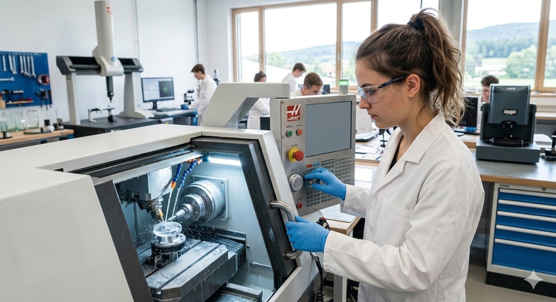 Du siehst eine motivierte junge Person (18-22 Jahre) in action an einer CNC-Maschine für optische Linsen – perfekt passend zur Zielgruppe 15-21 Jahre. Die helle, professionelle Atmosphäre der Glasfachschule Zwiesel kommt ideal rüber.